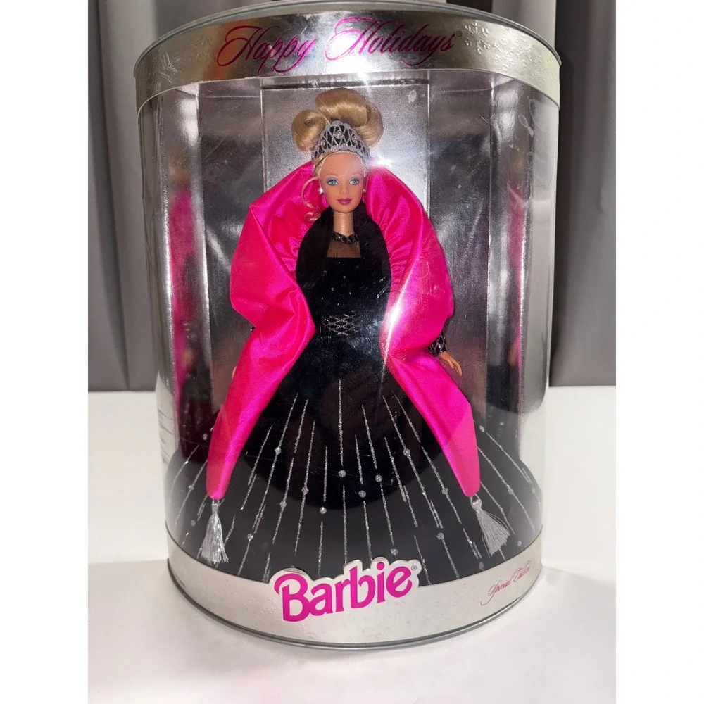 Happy Holidays Barbie Doll Special Edition 1998 Black Gown Pink Wrap Sparkle - Picture 12 of 13
